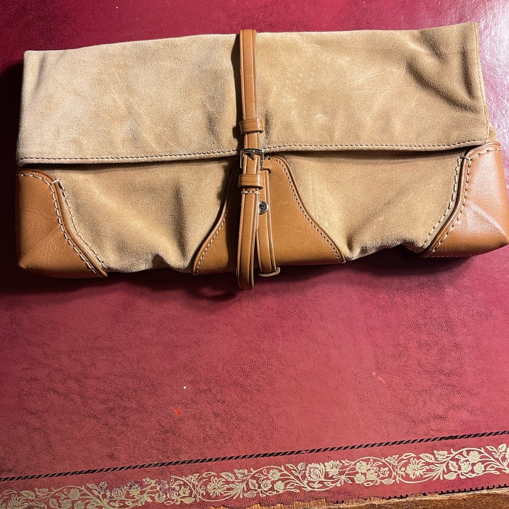 Tumi Suede and leather beige tan clutch handbag